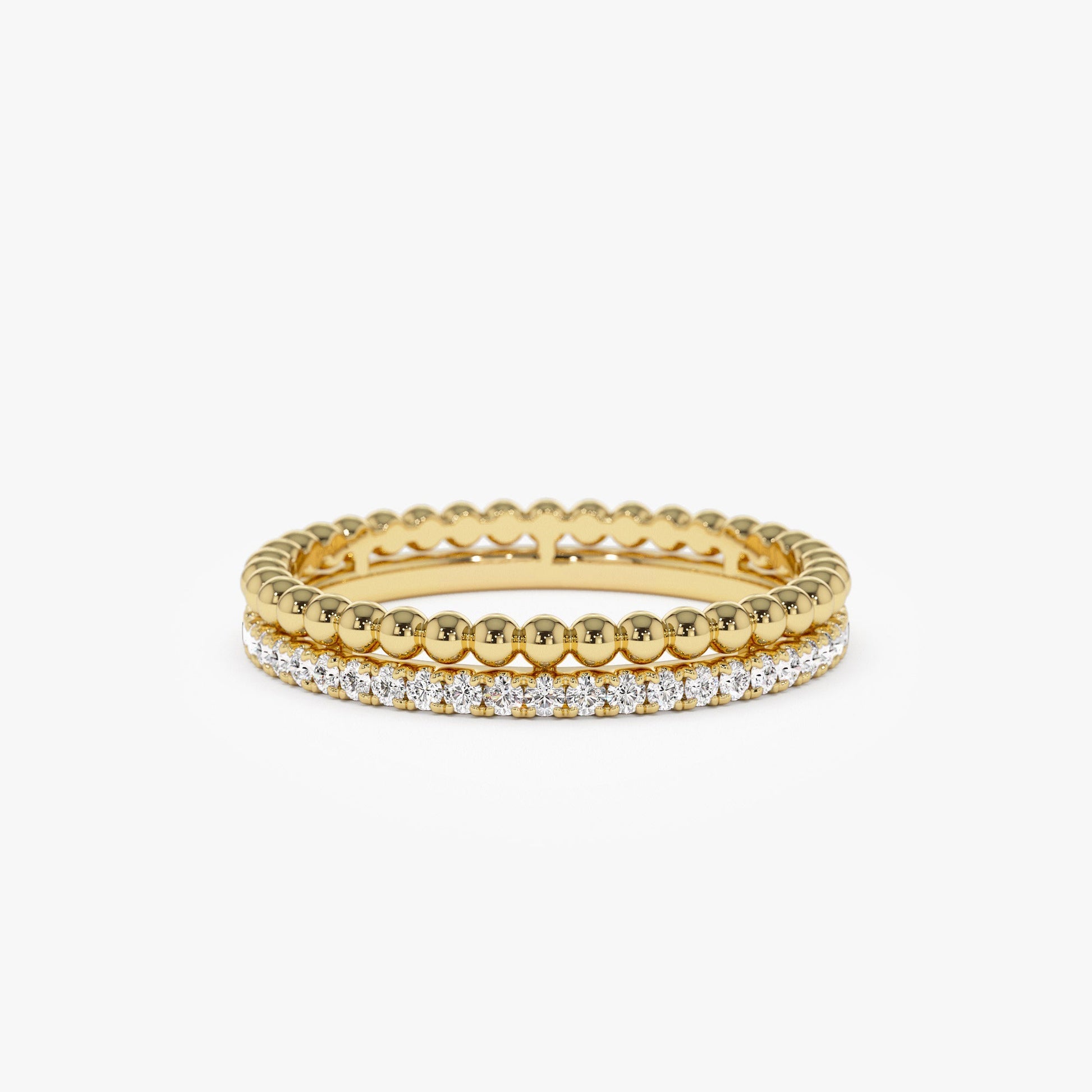 14K Stacked Beaded Ring with Diamond Ring - Geum Jewels