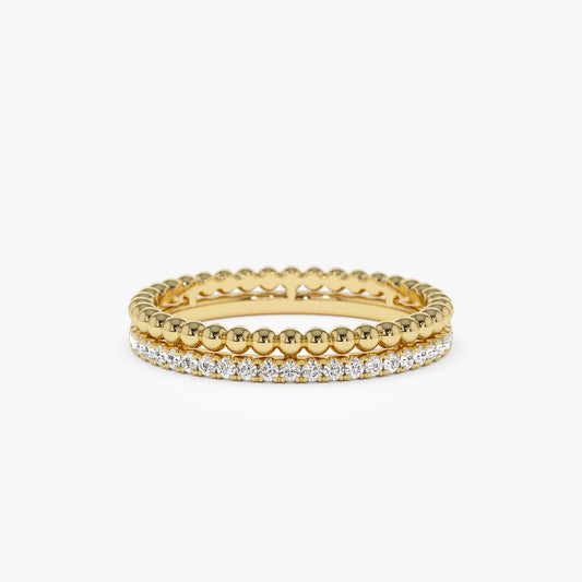 14K Stacked Beaded Ring with Diamond Ring - Geum Jewels