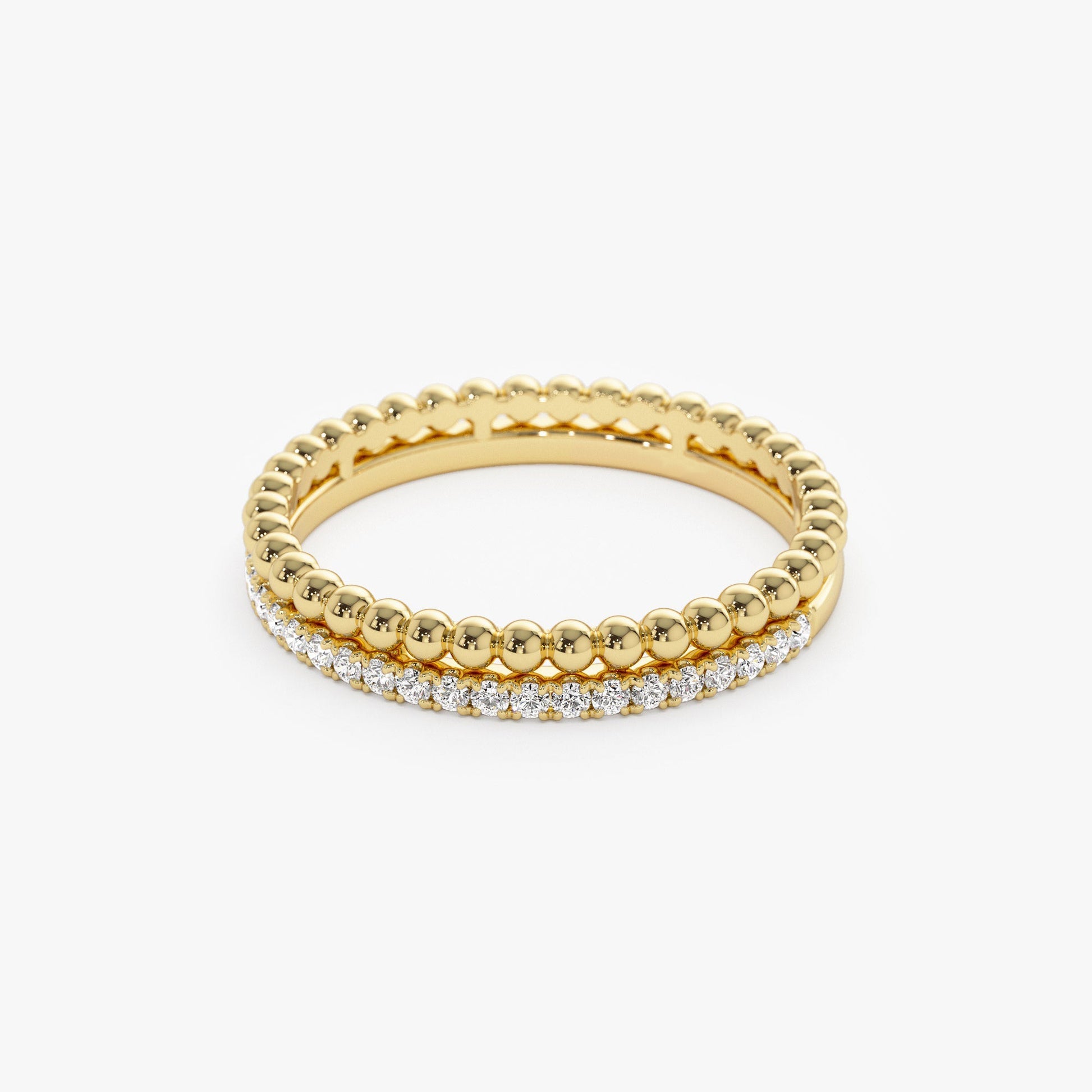 14K Stacked Beaded Ring with Diamond Ring - Geum Jewels