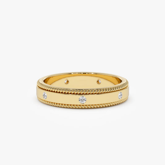14k 4MM Flat Milgrain Edge Diamond Wedding Band - Geum Jewels