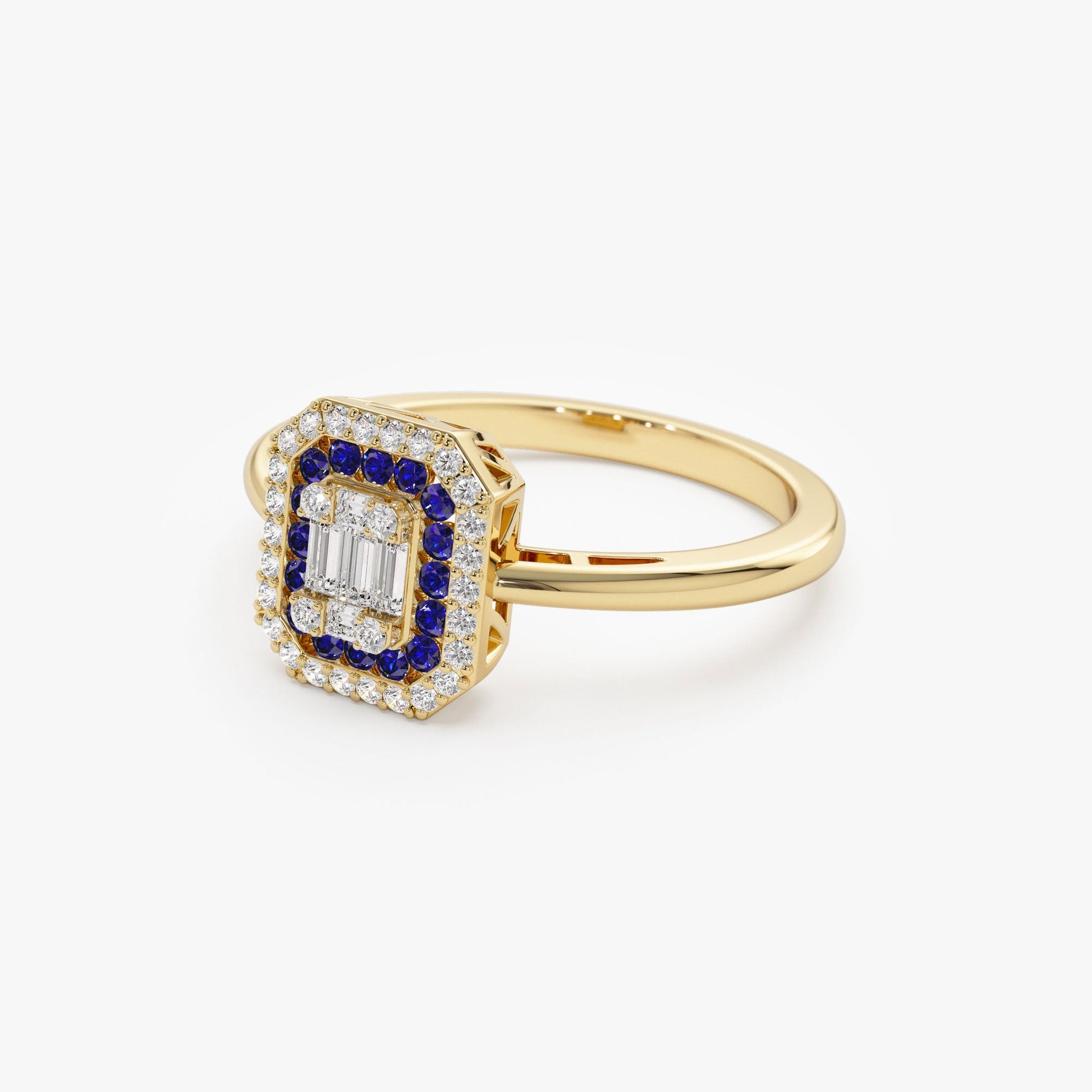 14k Baguette and Round Sapphire Ring with Halo Setting - Geum Jewels