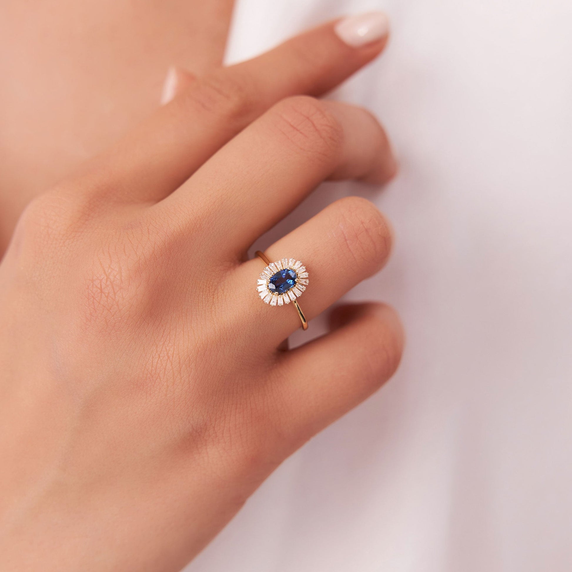 14k Baguette Diamond Ballerina Oval Sapphire Ring