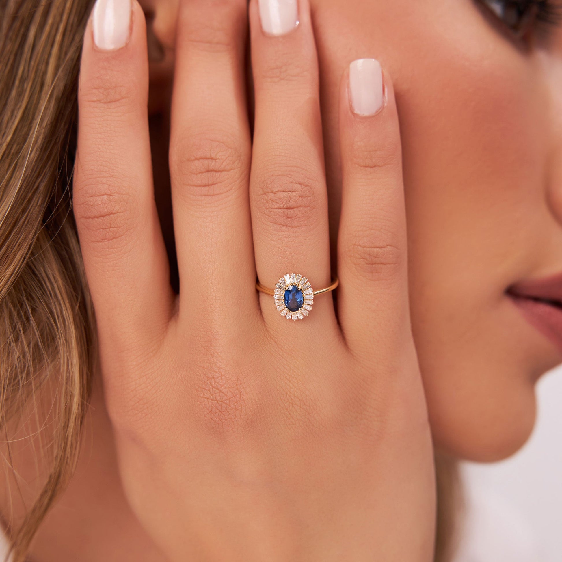 14k Baguette Diamond Ballerina Oval Sapphire Ring