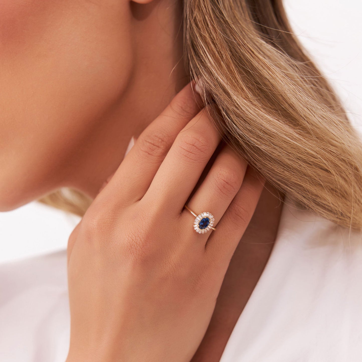 14k Baguette Diamond Ballerina Oval Sapphire Ring