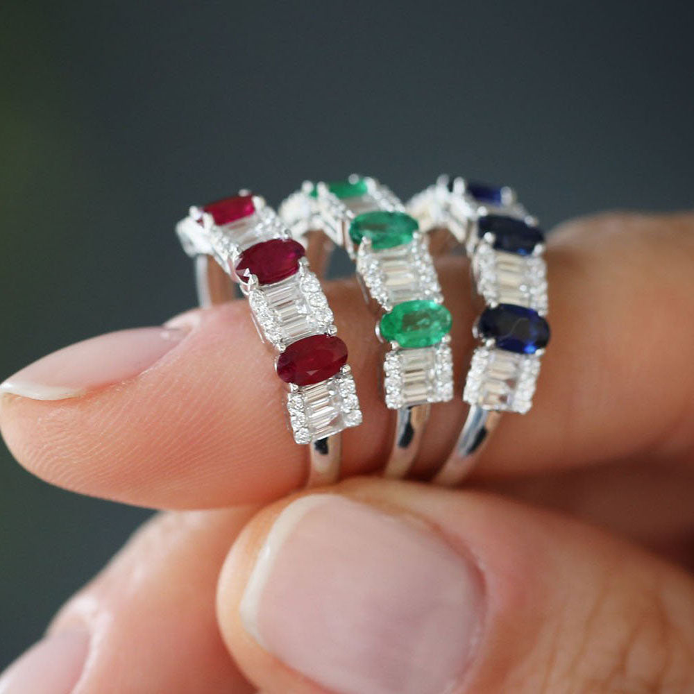 14K Baguette & Round Diamond with Genuine Ruby Ring