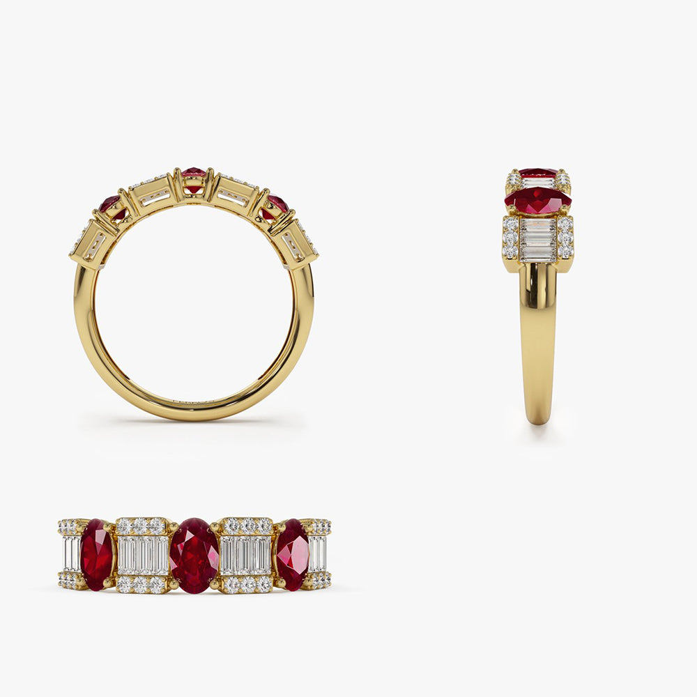 14K Baguette & Round Diamond with Genuine Ruby Ring