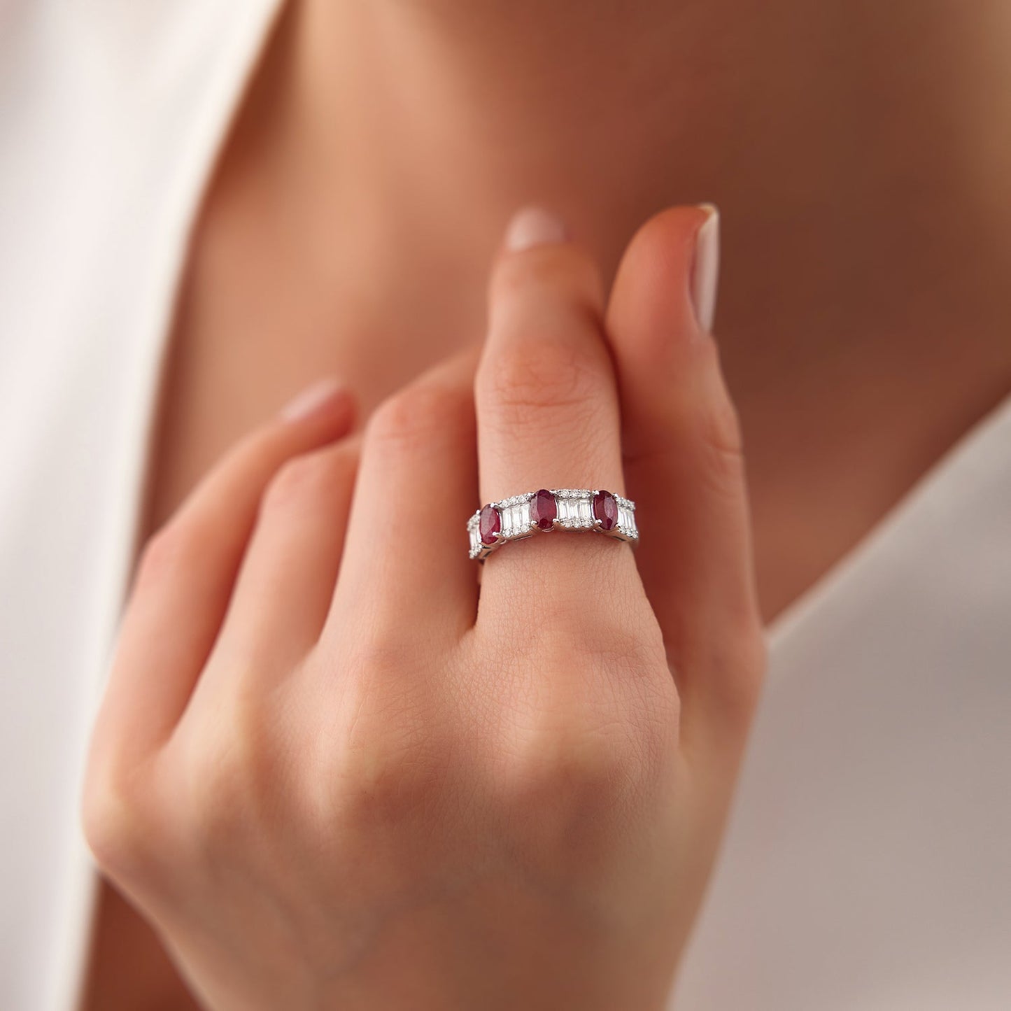 14K Baguette & Round Diamond with Genuine Ruby Ring