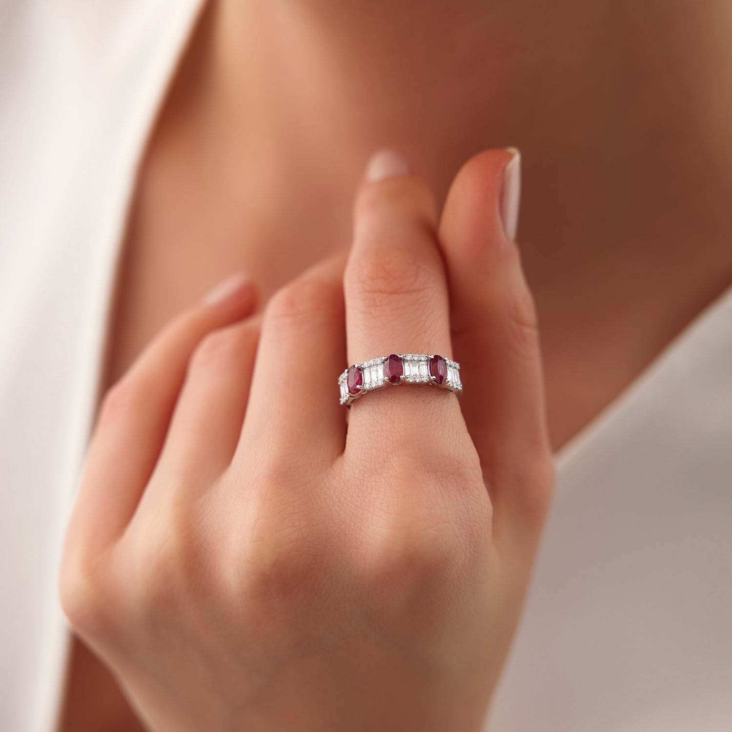 14K Baguette & Round Diamond with Genuine Ruby Ring
