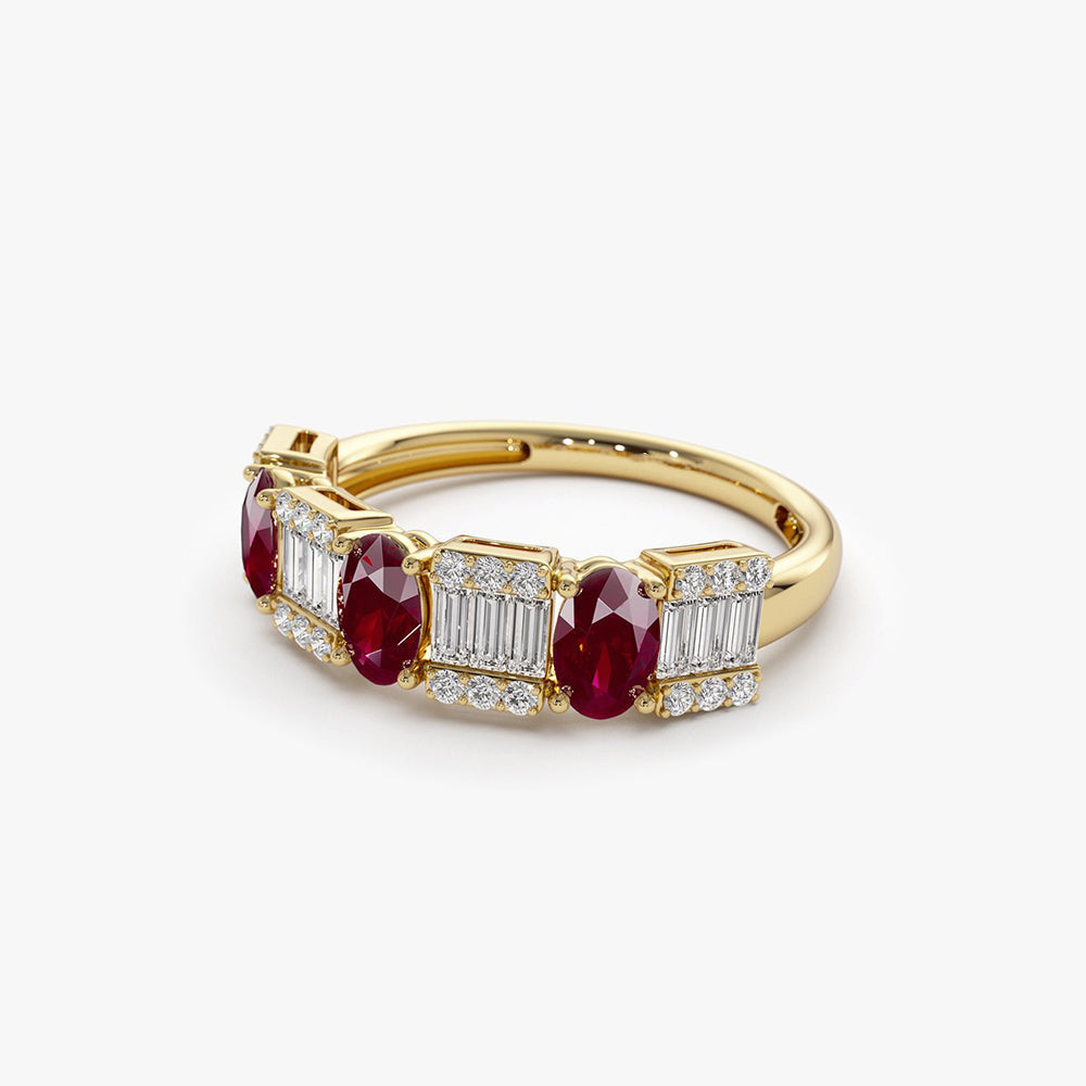 14K Baguette & Round Diamond with Genuine Ruby Ring - Geum Jewels