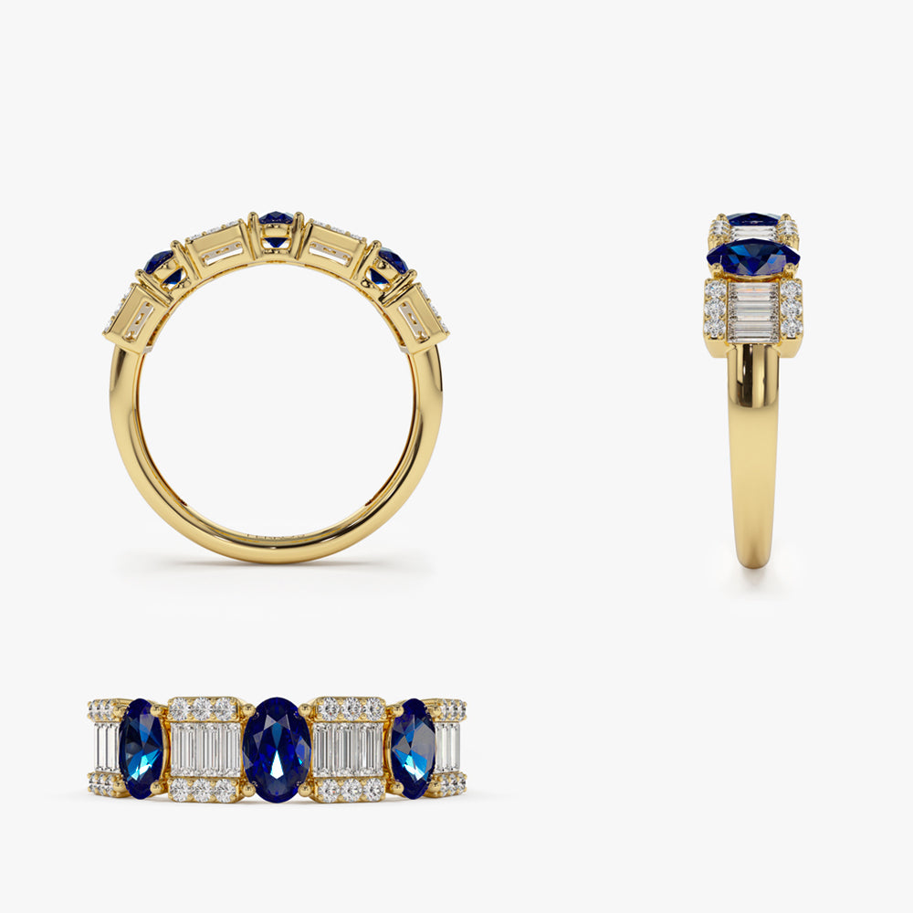14K Baguette & Round Diamond with Genuine Sapphire Ring