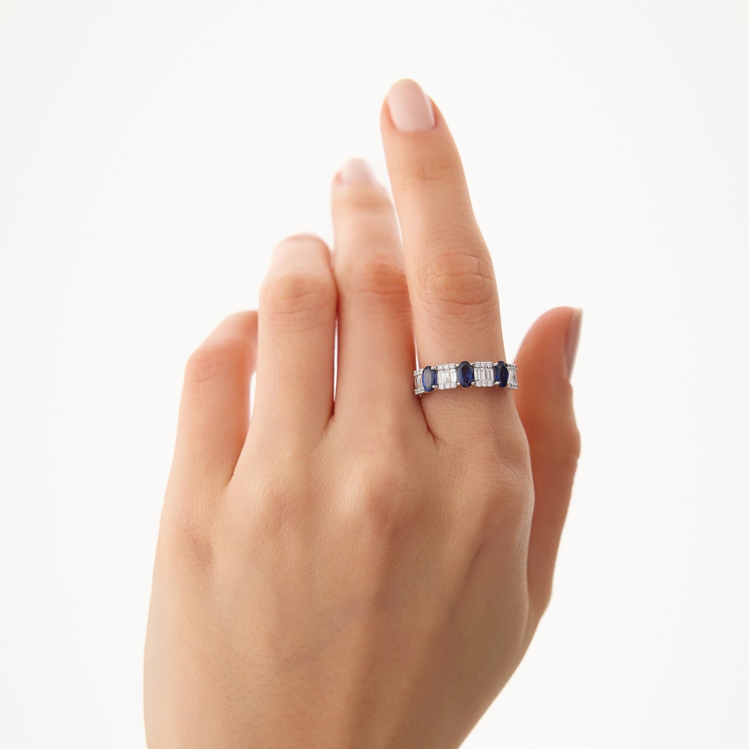 14K Baguette & Round Diamond with Genuine Sapphire Ring