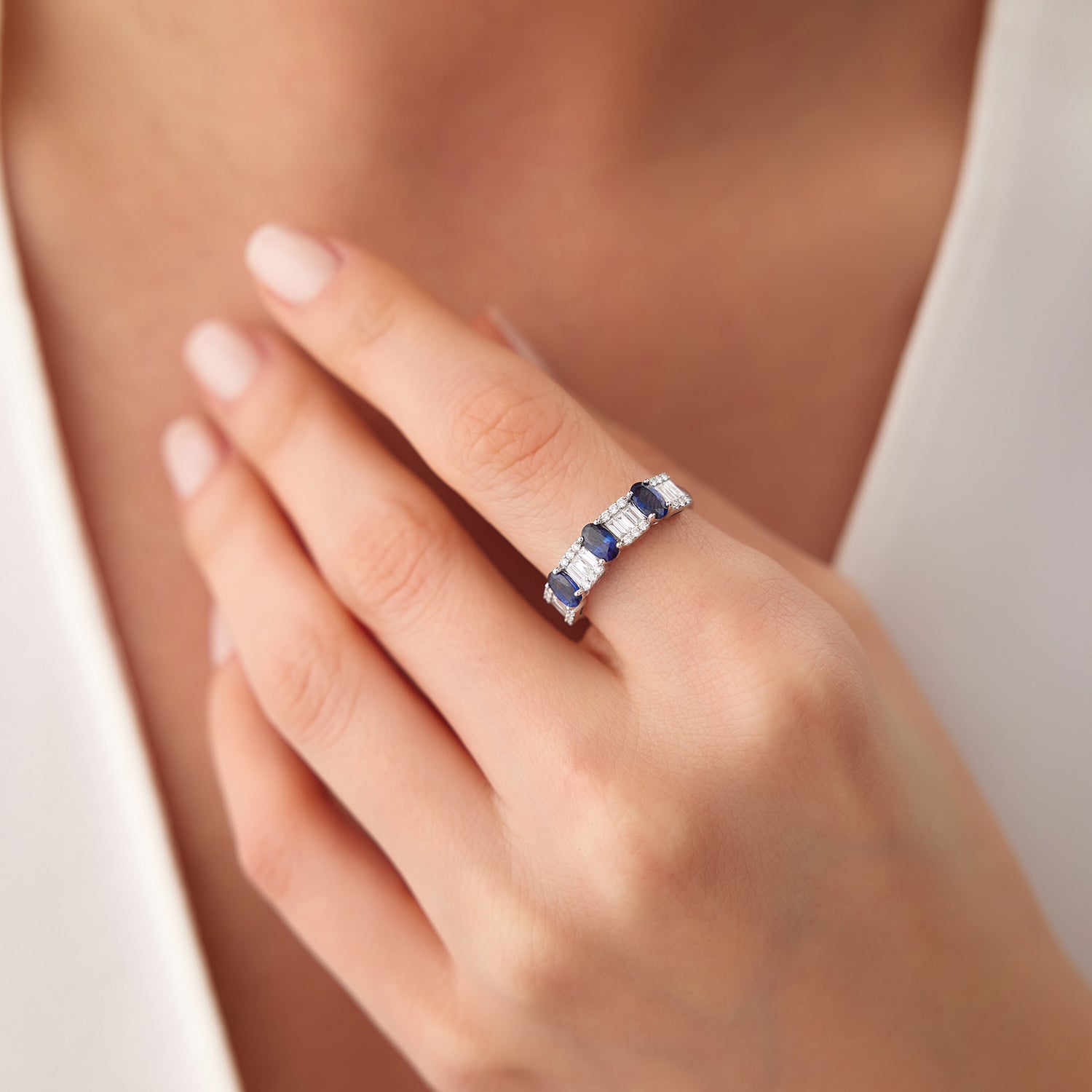 14K Baguette & Round Diamond with Genuine Sapphire Ring