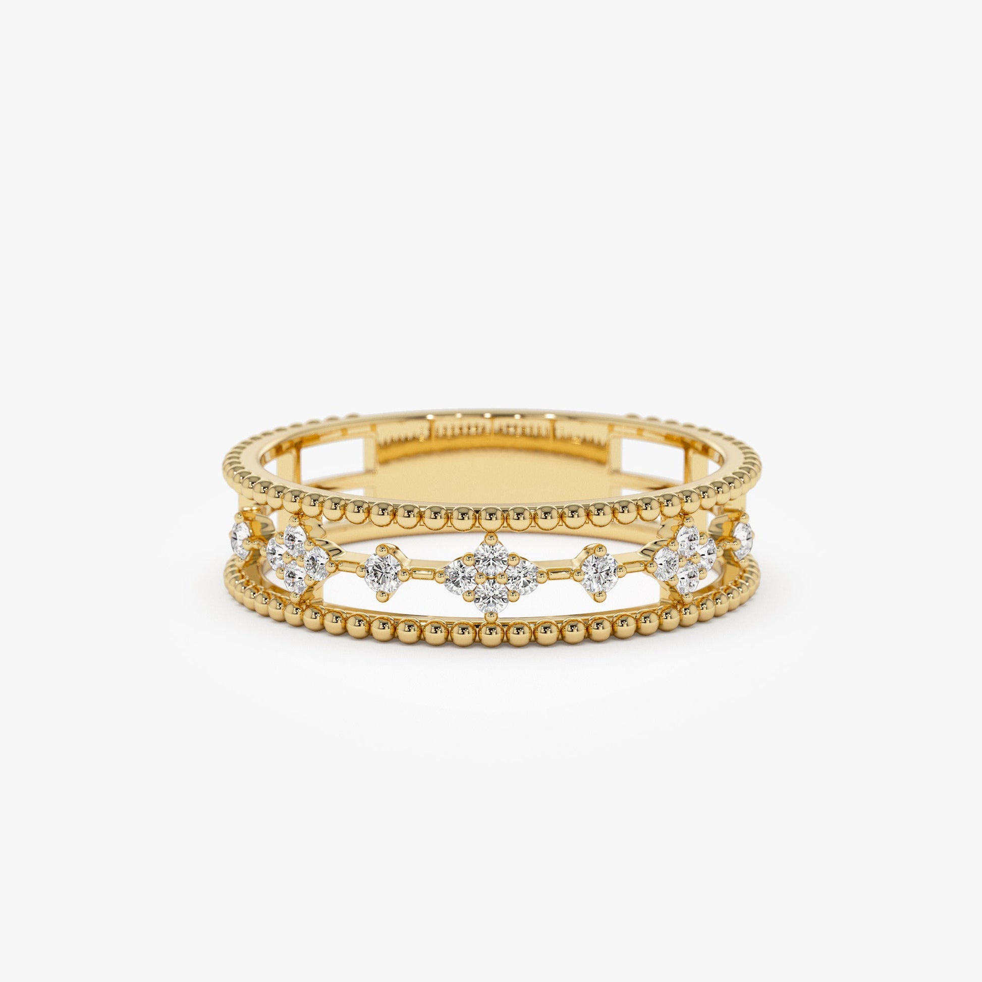 14k Diamond Statement Ring with Beaded Band - Geum Jewels