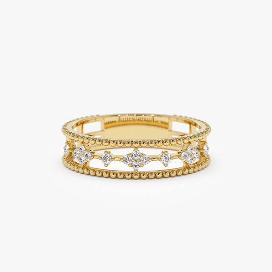 14k Diamond Statement Ring with Beaded Band - Geum Jewels