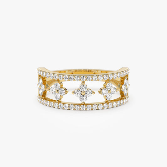 14k Double Row Pave Diamond Ring w/ Diamond Cluster Accents - Geum Jewels