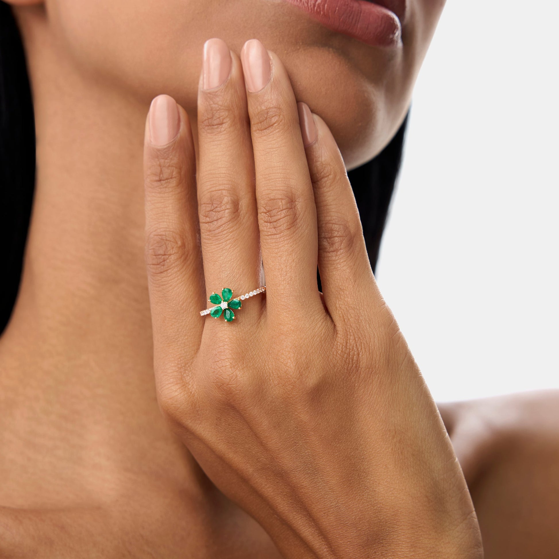 14K Five-Leaf Emerald and Diamond Ring