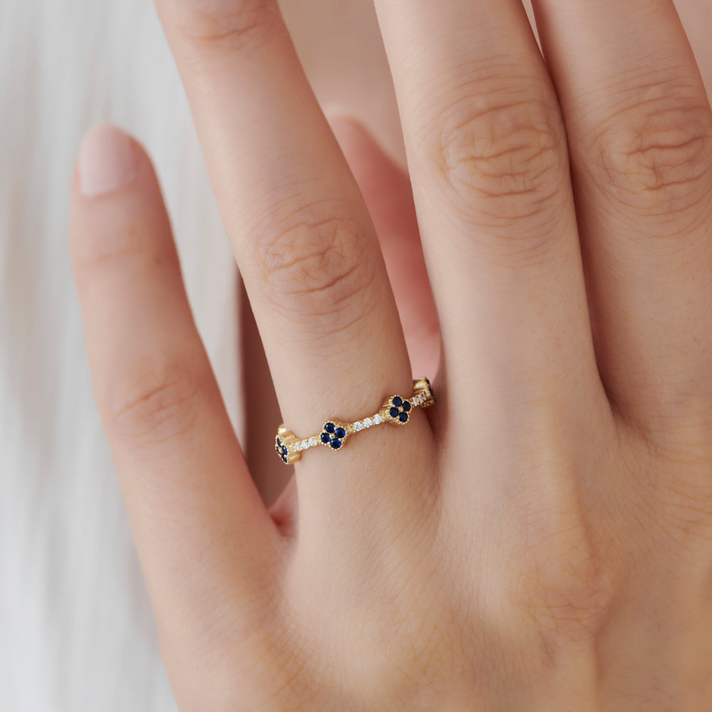 14k Full Eternity Clover Sapphire and Diamond Ring