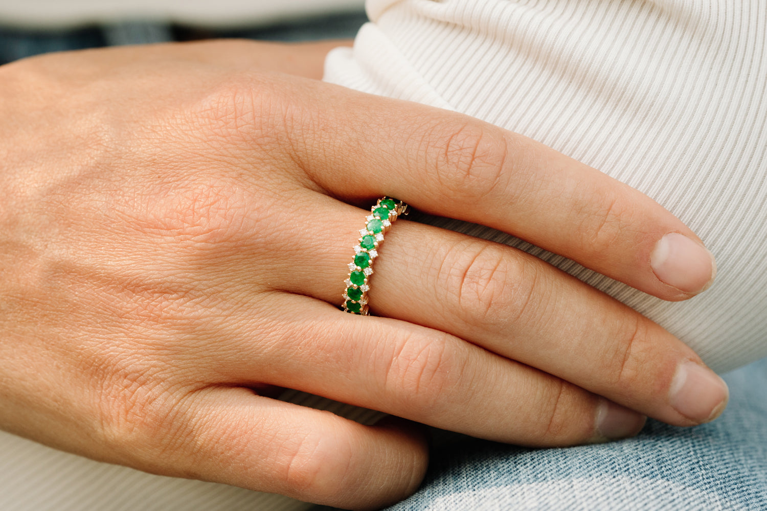 14k Full Eternity Round Emerald and Diamond Anniversary Ring
