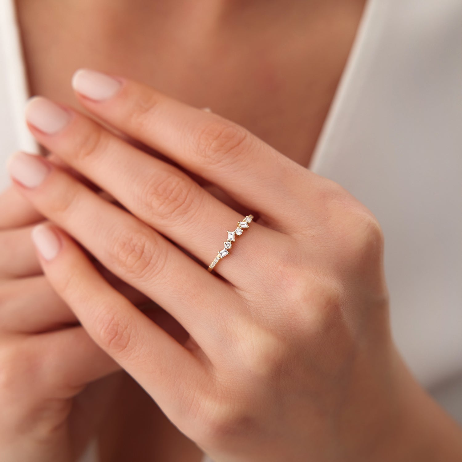 14K Gold Asymmetrical Baguette and Round Diamond Wedding Ring