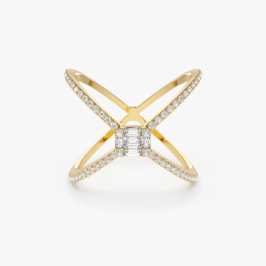 14k Gold Baguette and Round Diamond Illusion Setting Statement Ring - Geum Jewels