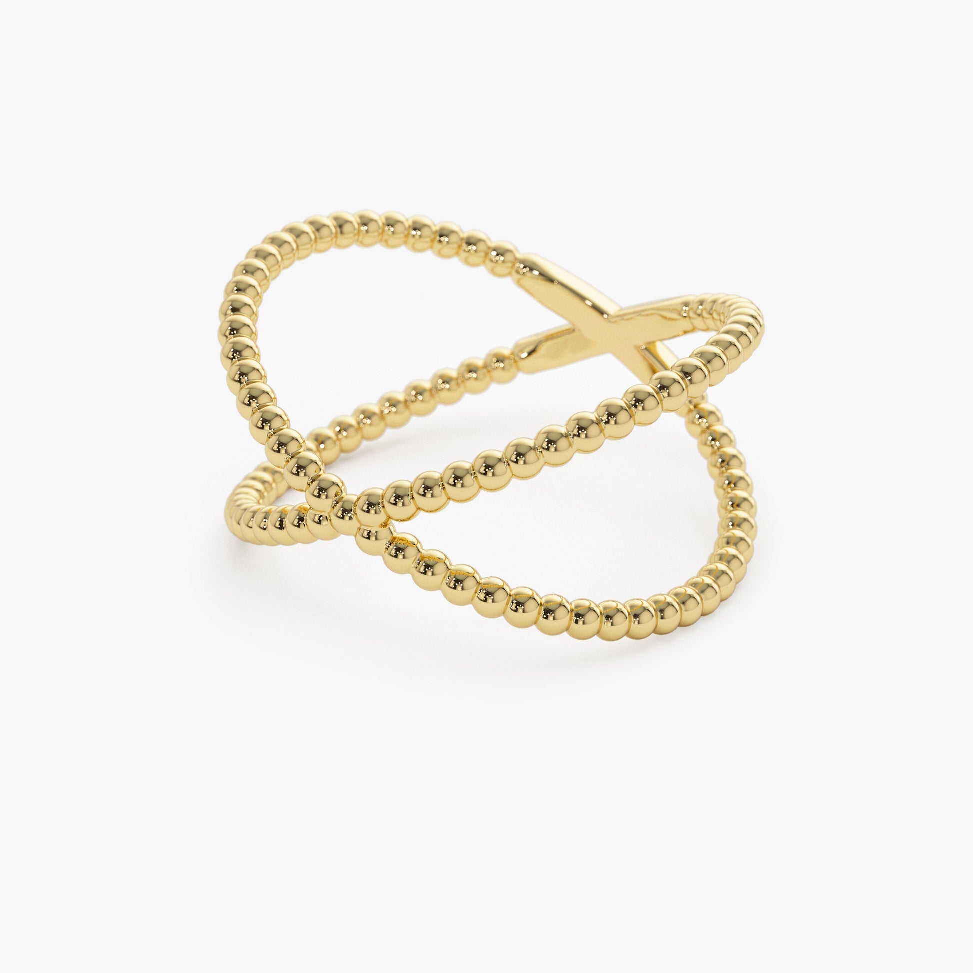 14K Gold Beaded Band Criss Cross Statement Ring - Geum Jewels