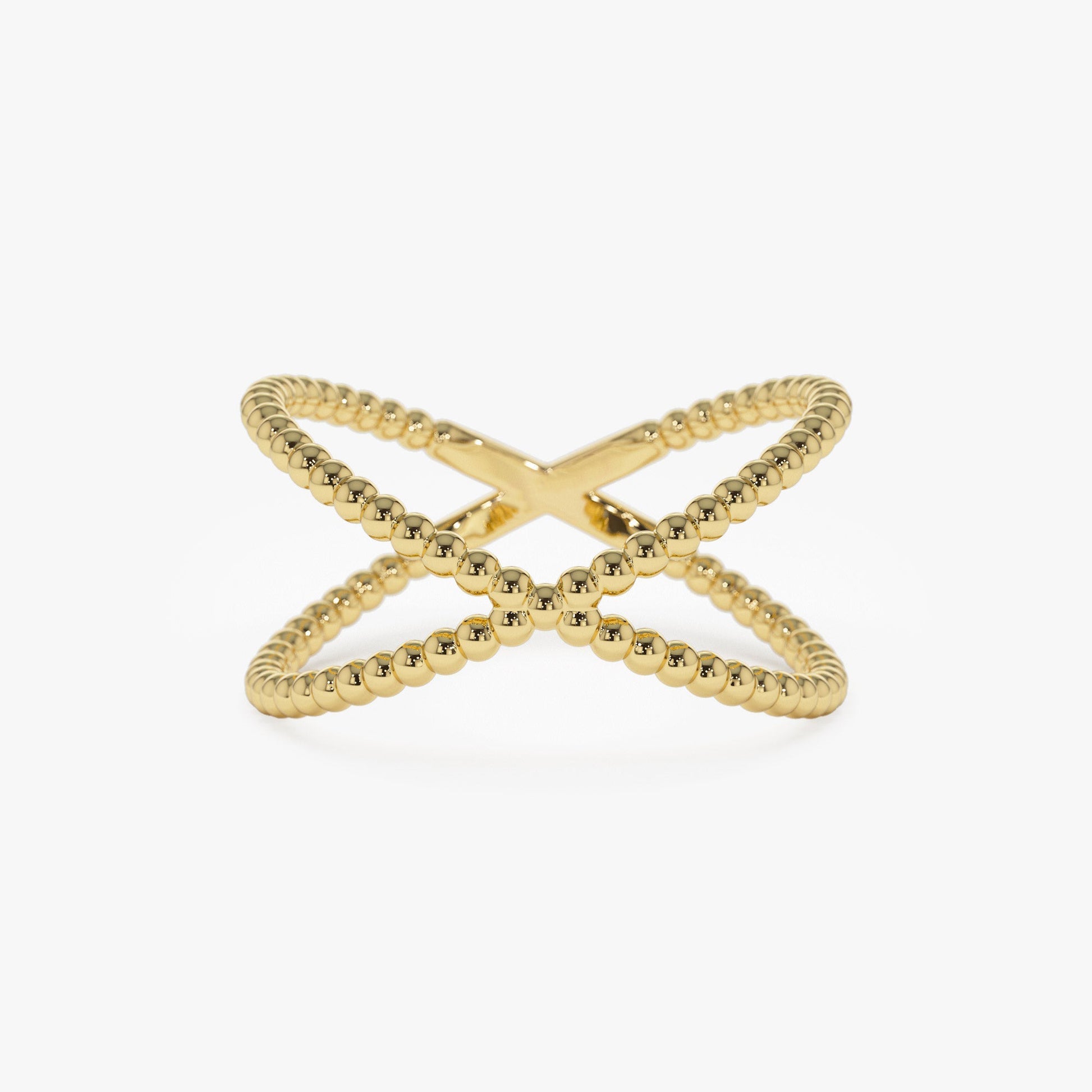 14K Gold Beaded Band Criss Cross Statement Ring - Geum Jewels