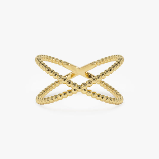 14K Gold Beaded Band Criss Cross Statement Ring - Geum Jewels