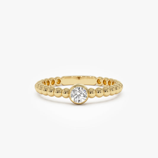 14K Gold Beaded Solitaire Diamond Bezel Ring - Geum Jewels