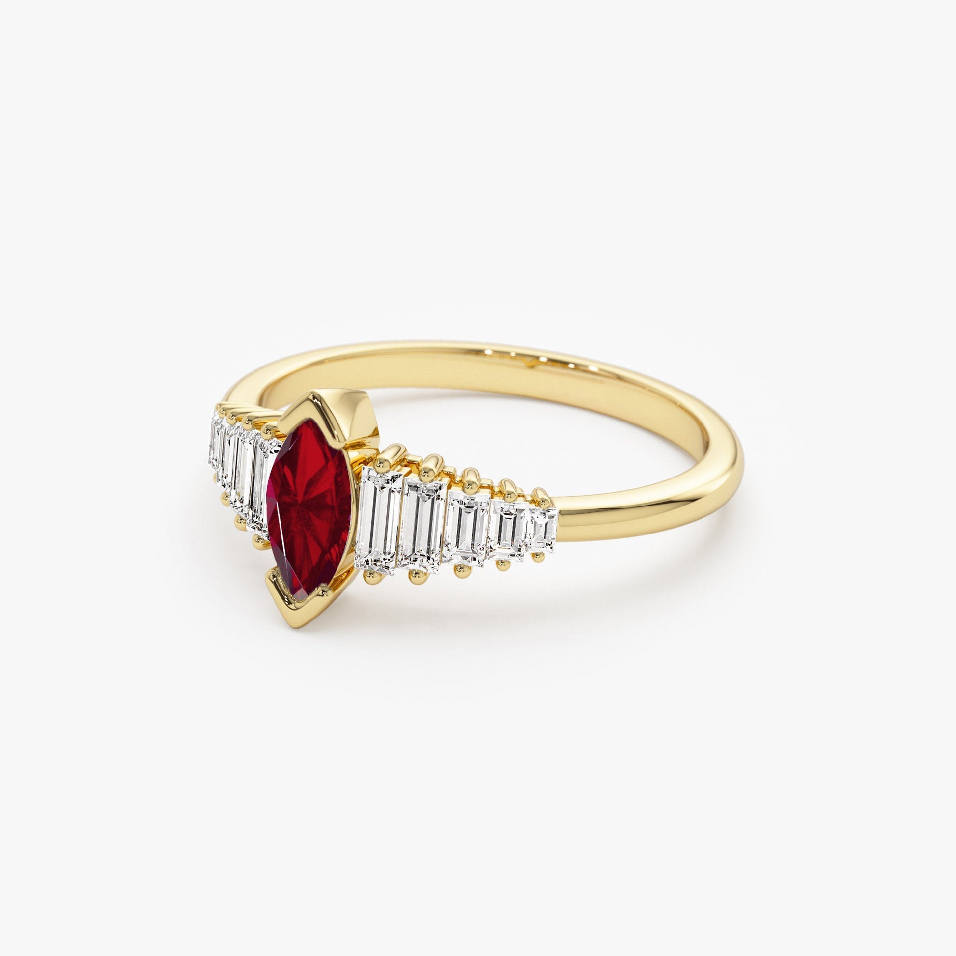 14k Gold Marquise Shape Ruby  Ring with Baguette Accents - Geum Jewels