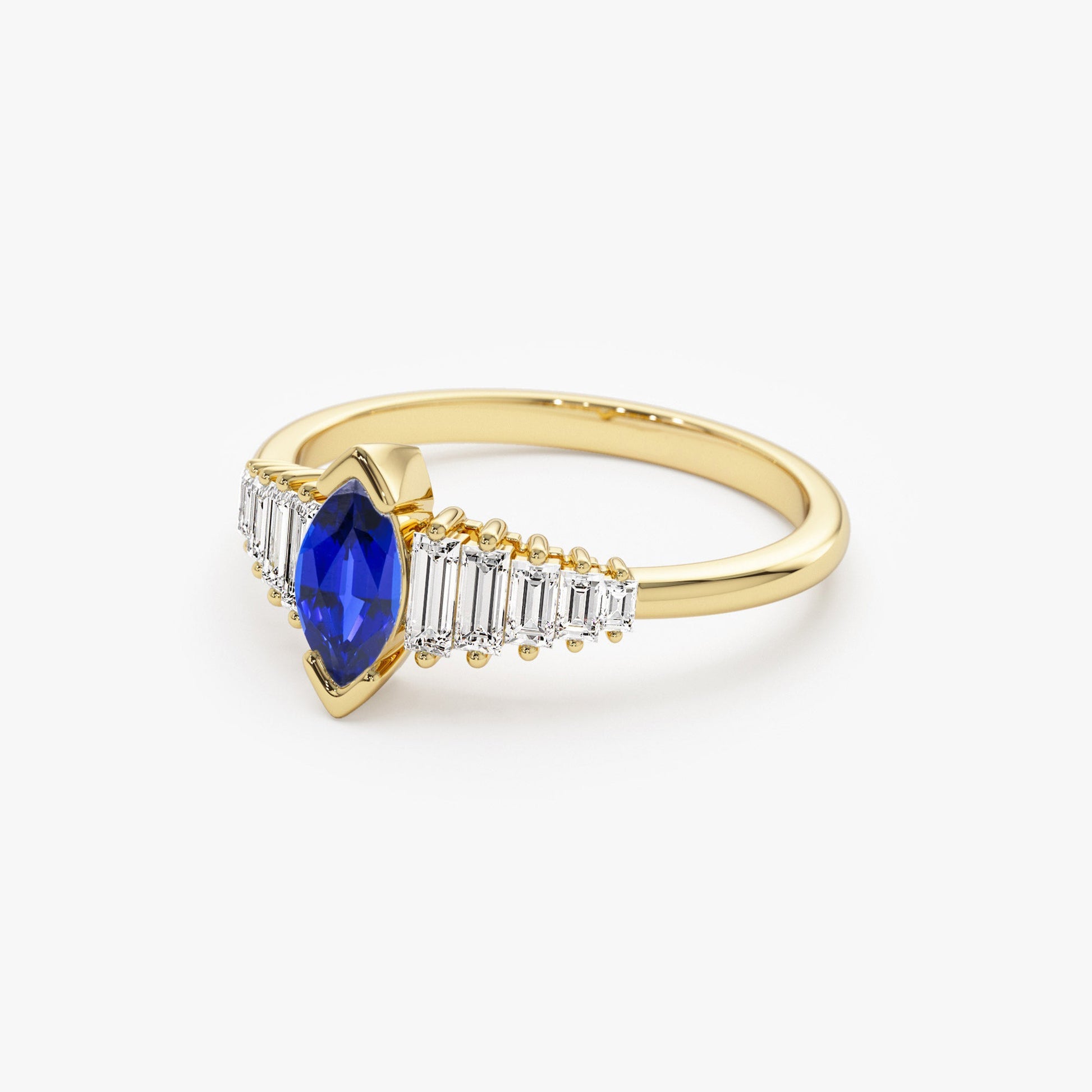 14k Gold Marquise Shape Sapphire  Ring with Baguette Accents - Geum Jewels