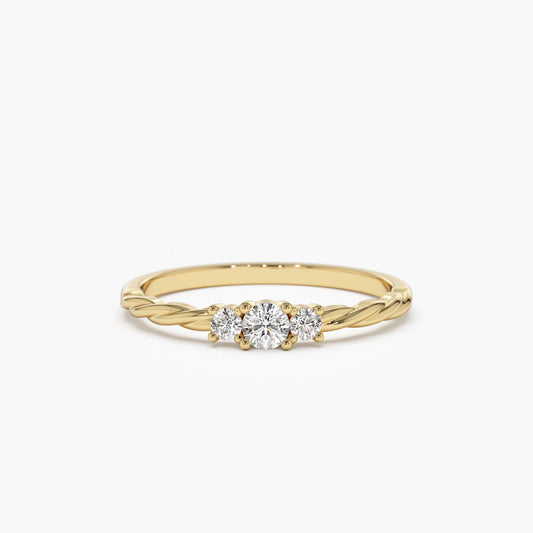 14k Gold Three Stone Dainty Diamond Twisted Ring - Geum Jewels