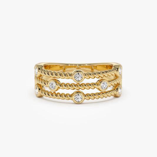 14K Gold Twisted Rope Triple Diamond Ring - Geum Jewels