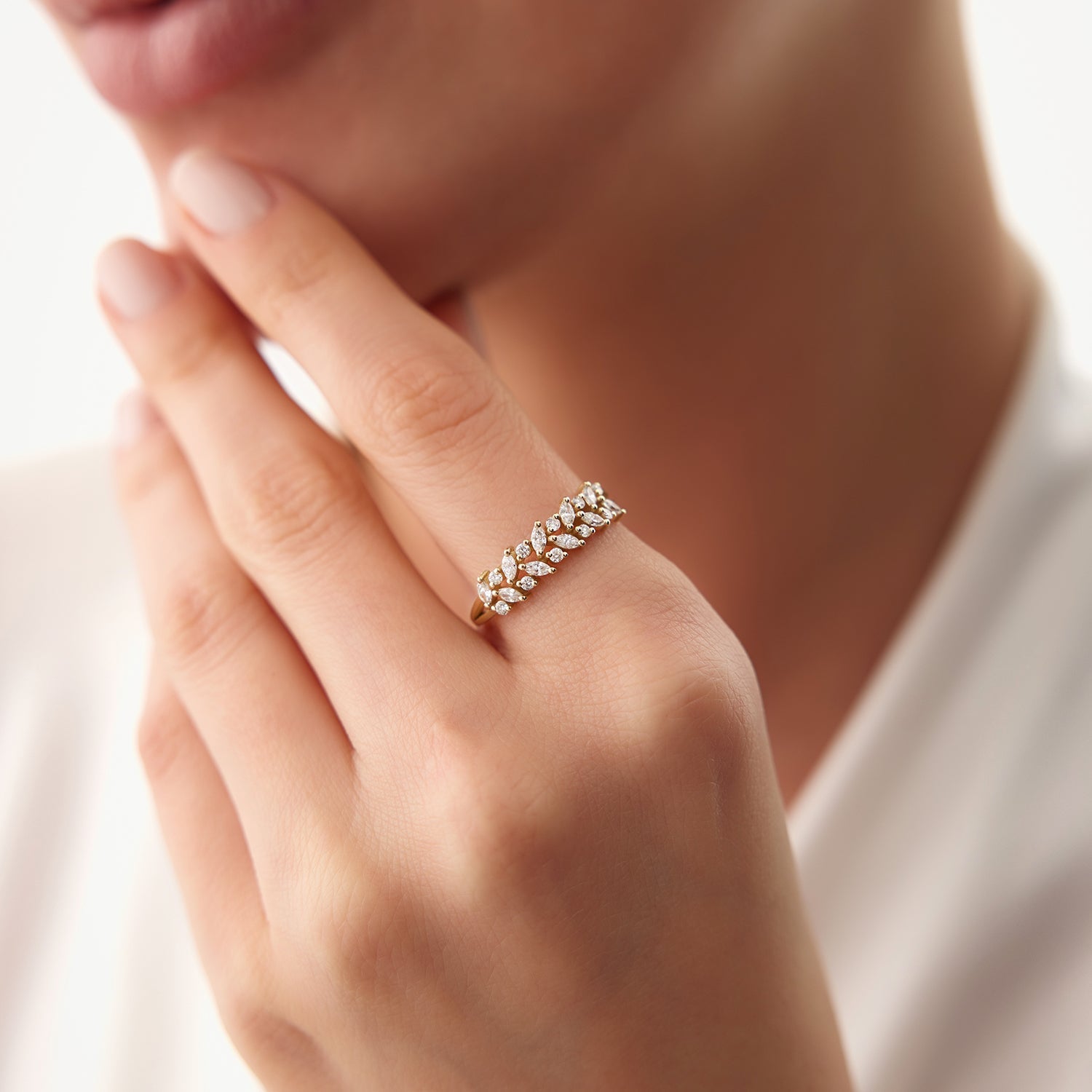 14K Gold Two Row Marquise & Round Diamond Ring