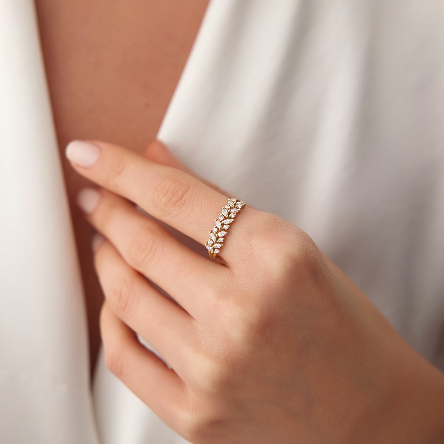 14K Gold Two Row Marquise & Round Diamond Ring