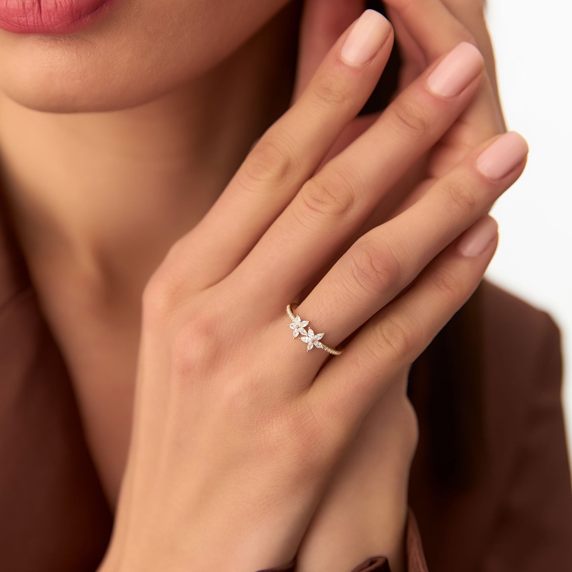 14k Marquise Shaped Diamond Flower Design Statement Ring
