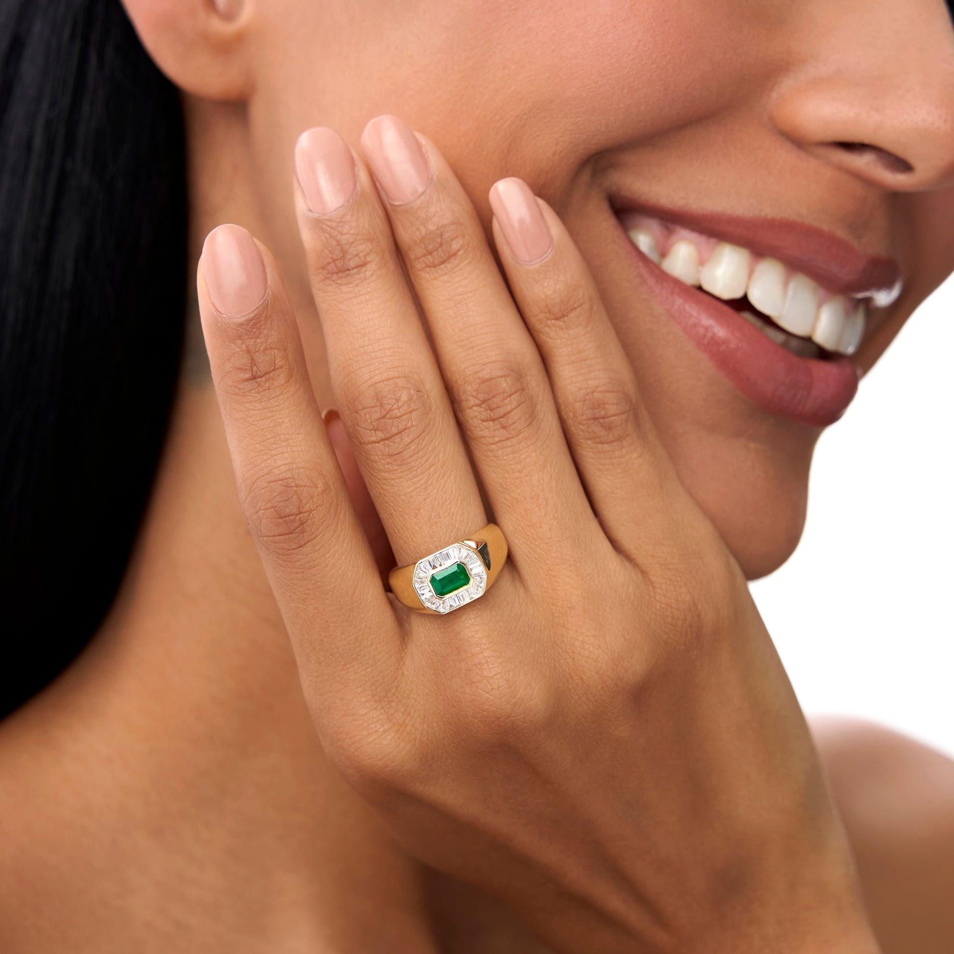14k Octagon Shape Baguette Diamond Emerald Ring