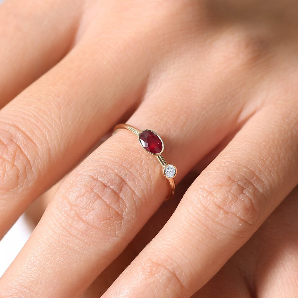 14k Oval Shape Bezel Setting Ruby and Diamond Ring