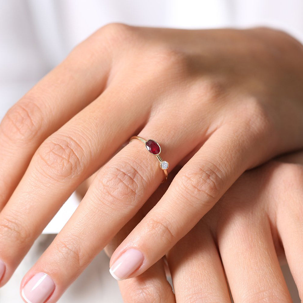 14k Oval Shape Bezel Setting Ruby and Diamond Ring
