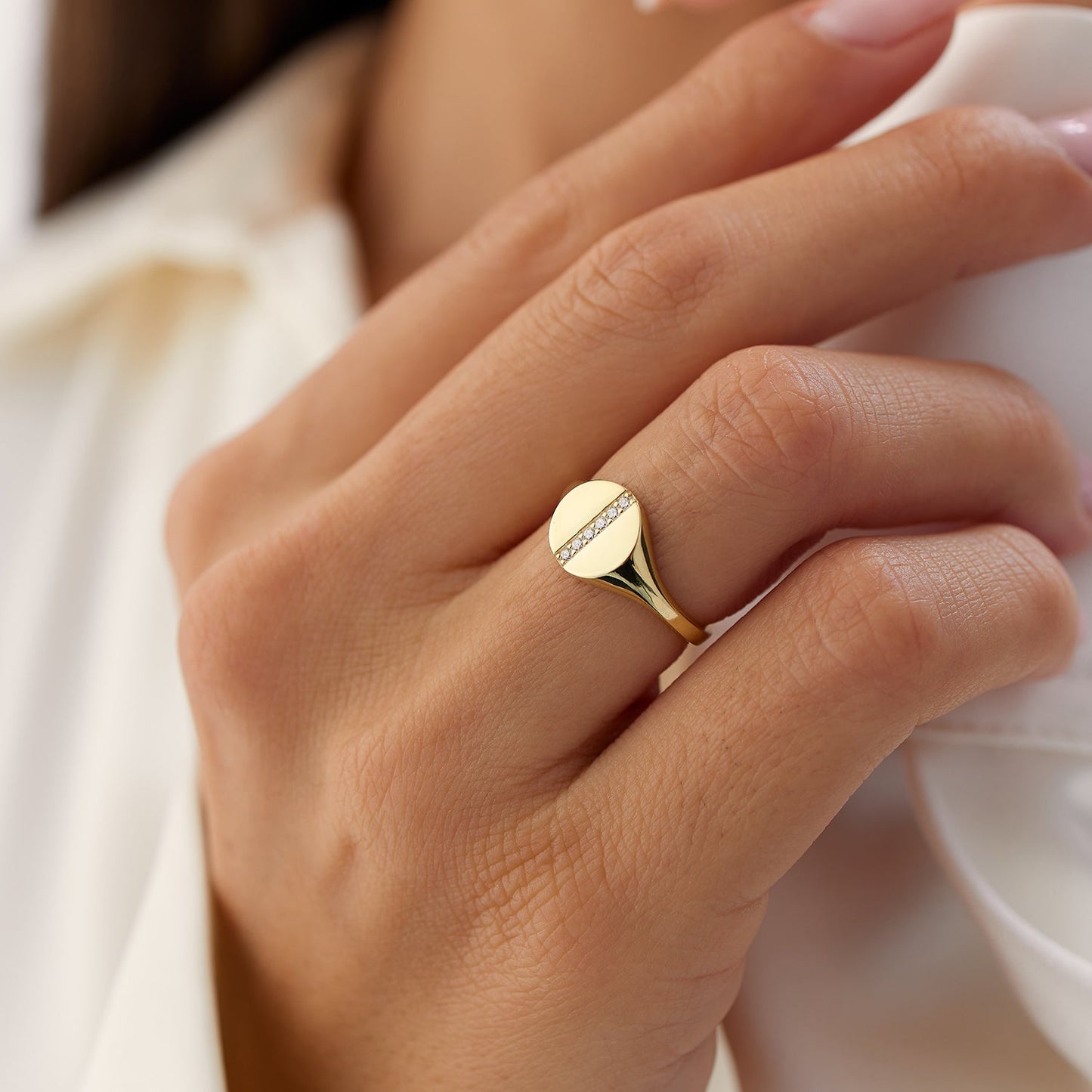 14k Pave Diamond Line Signet Pinky Ring