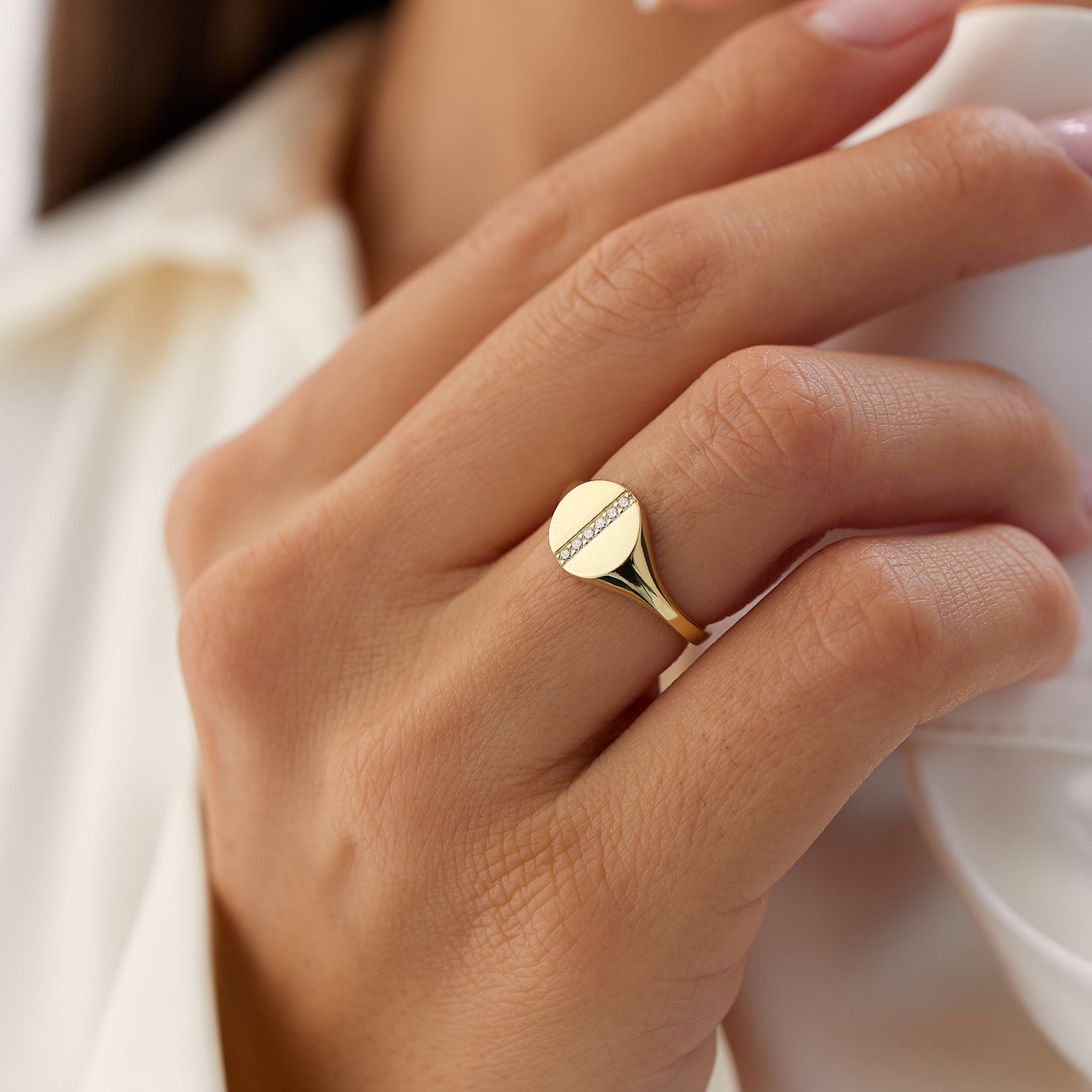14k Pave Diamond Line Signet Pinky Ring