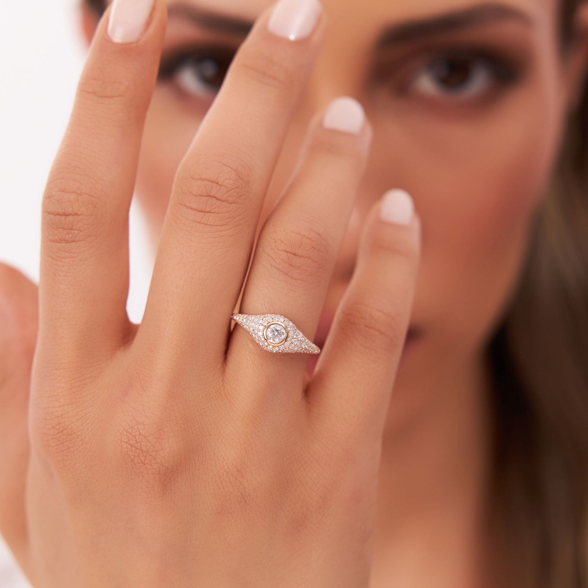 14K Pave Setting Round Diamond Signet Ring