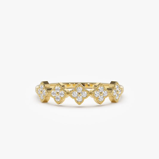 14k Round Diamond Stackable Clover Cluster Ring - Geum Jewels
