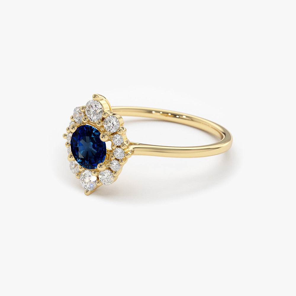 14k Round Sapphire Halo Diamond Engagement Ring