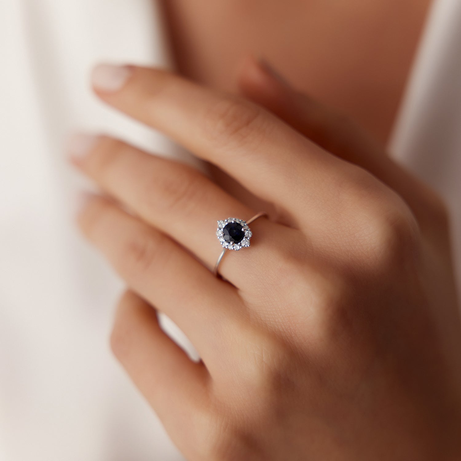 14k Round Sapphire Halo Diamond Engagement Ring