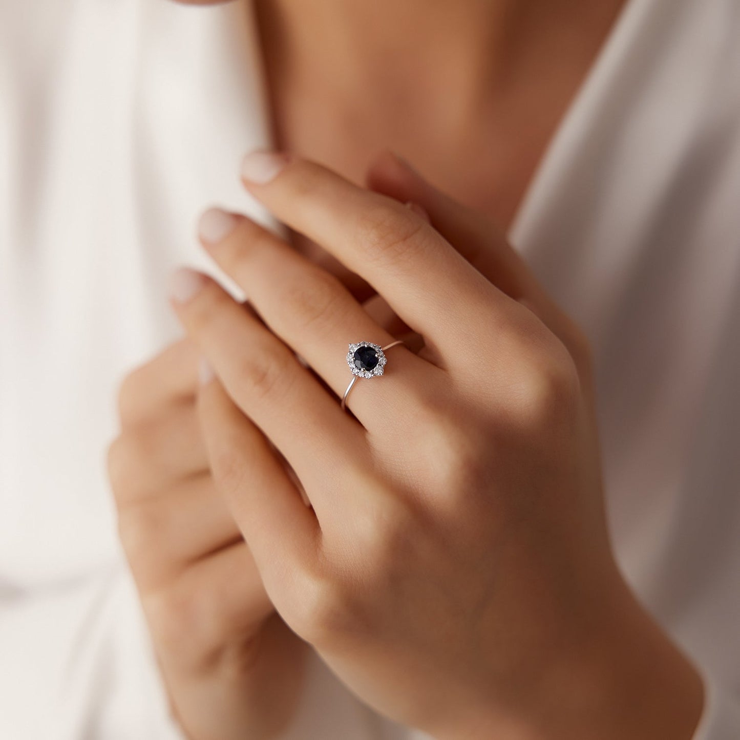 14k Round Sapphire Halo Diamond Engagement Ring