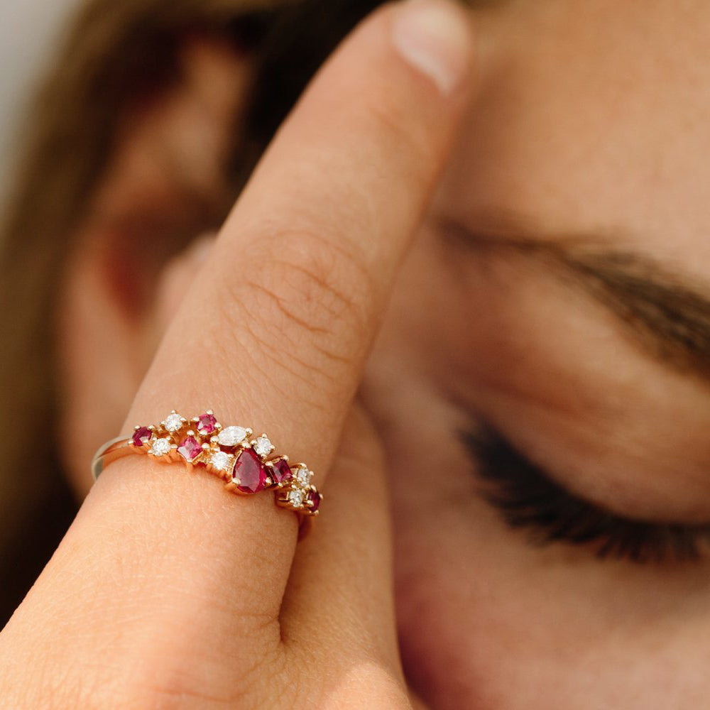 14k Ruby and Diamond Mixed Shape Cluster Ring