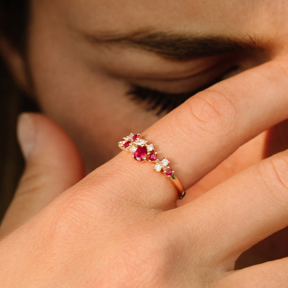 14k Ruby and Diamond Mixed Shape Cluster Ring