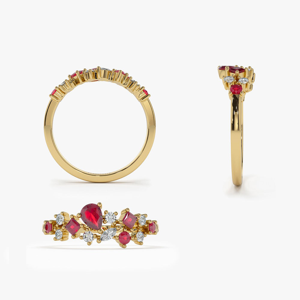 14k Ruby and Diamond Mixed Shape Cluster Ring