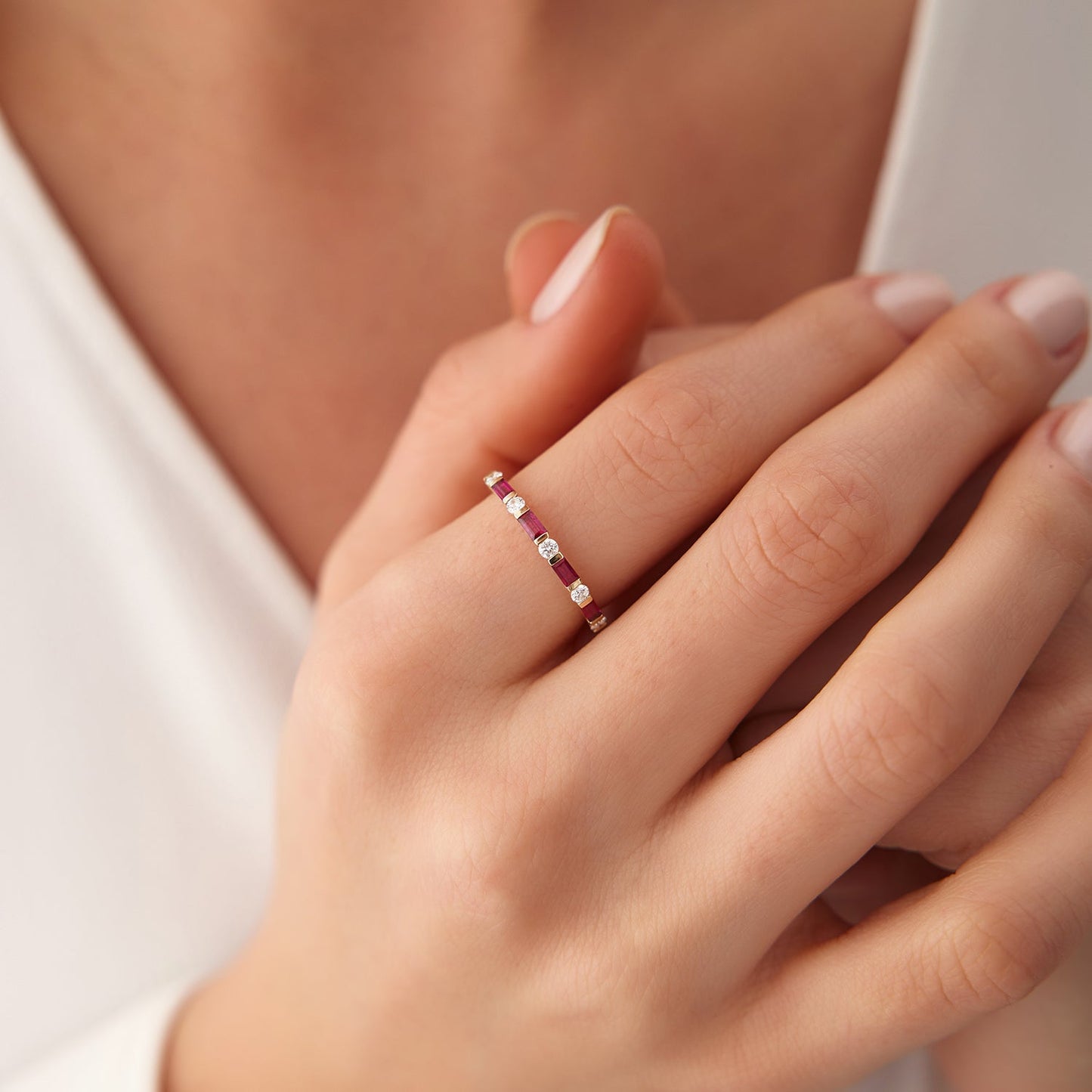 14k Ruby Baguette and Diamond Stackable Wedding Ring