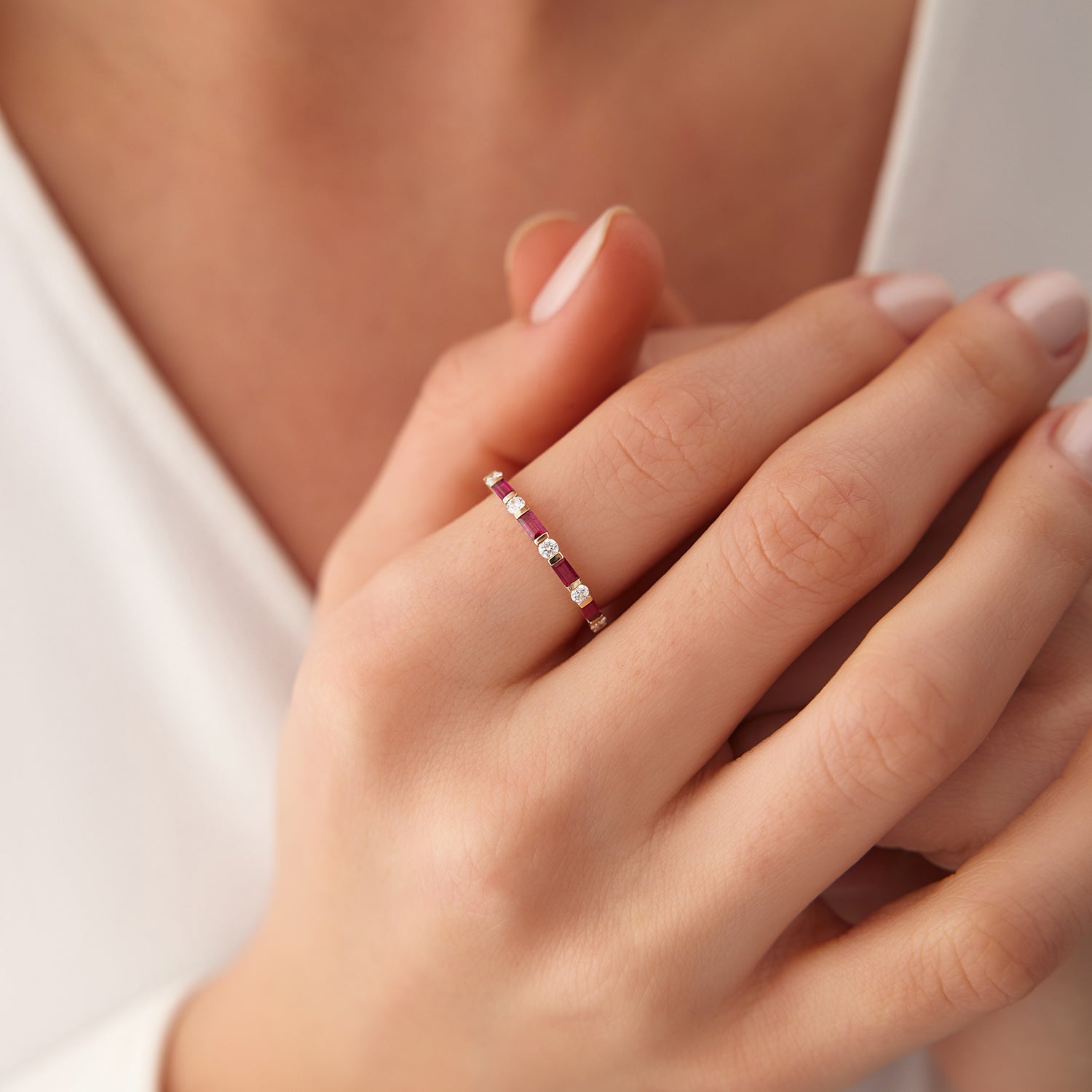 14k Ruby Baguette and Diamond Stackable Wedding Ring